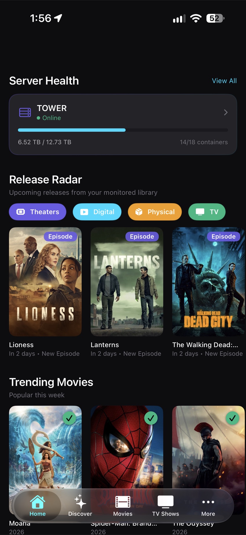 Dragon Media Manager on iPhone showing server health and upcoming releases